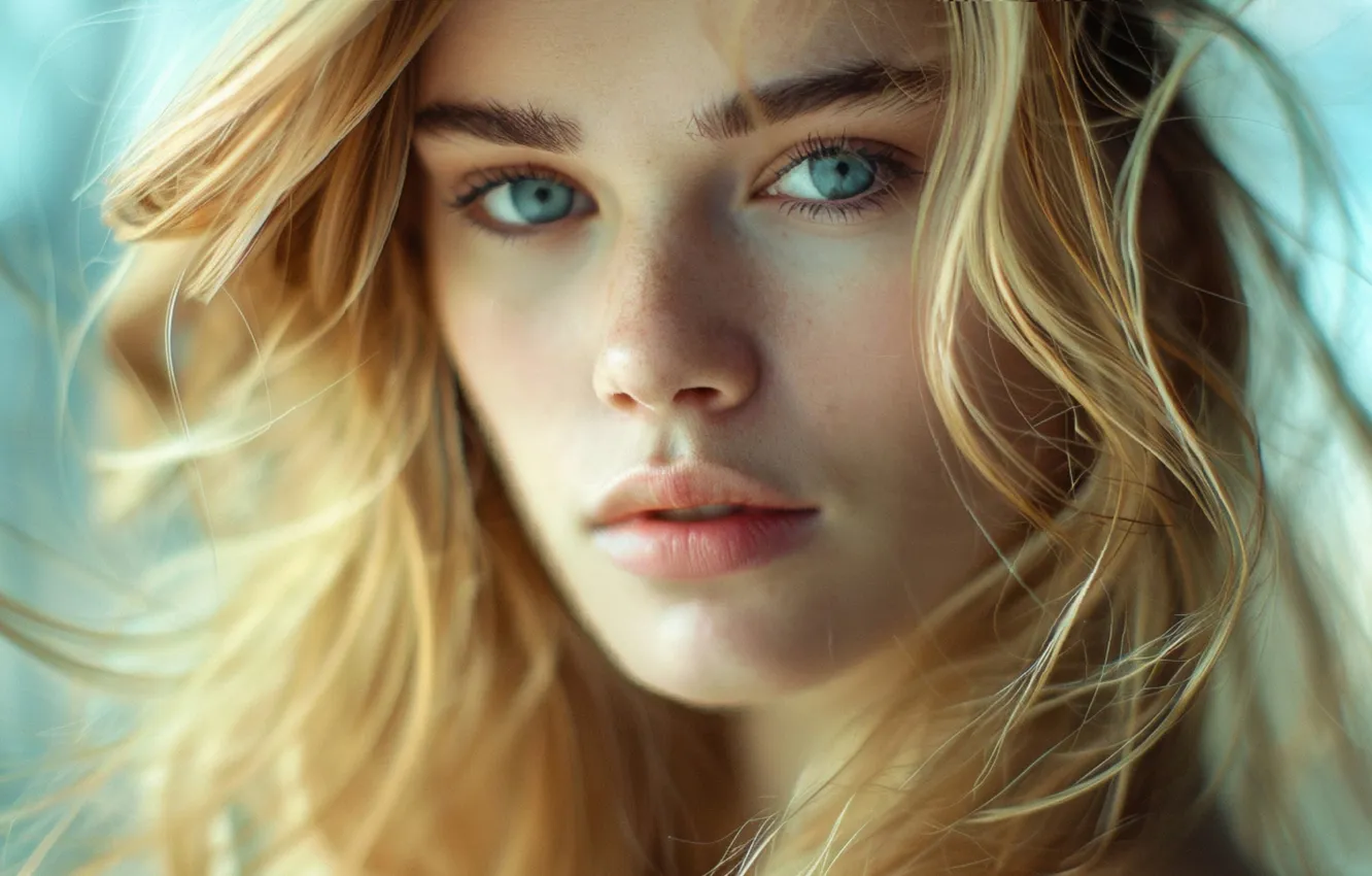 Photo wallpaper look, girl, face, portrait, makeup, blonde, long hair, flowing hair
