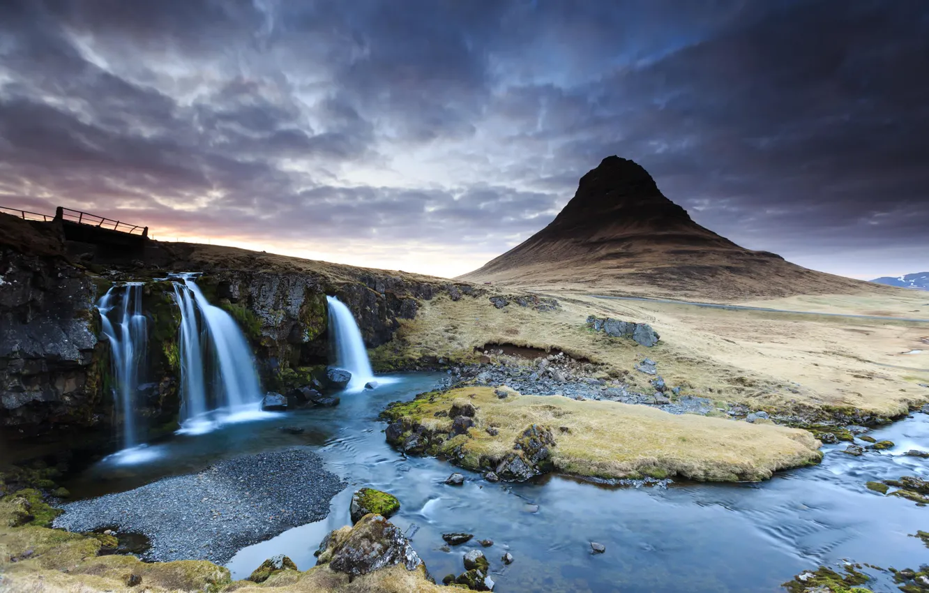 Photo wallpaper clouds, sunset, river, mountain, waterfall, spring, the volcano, Iceland