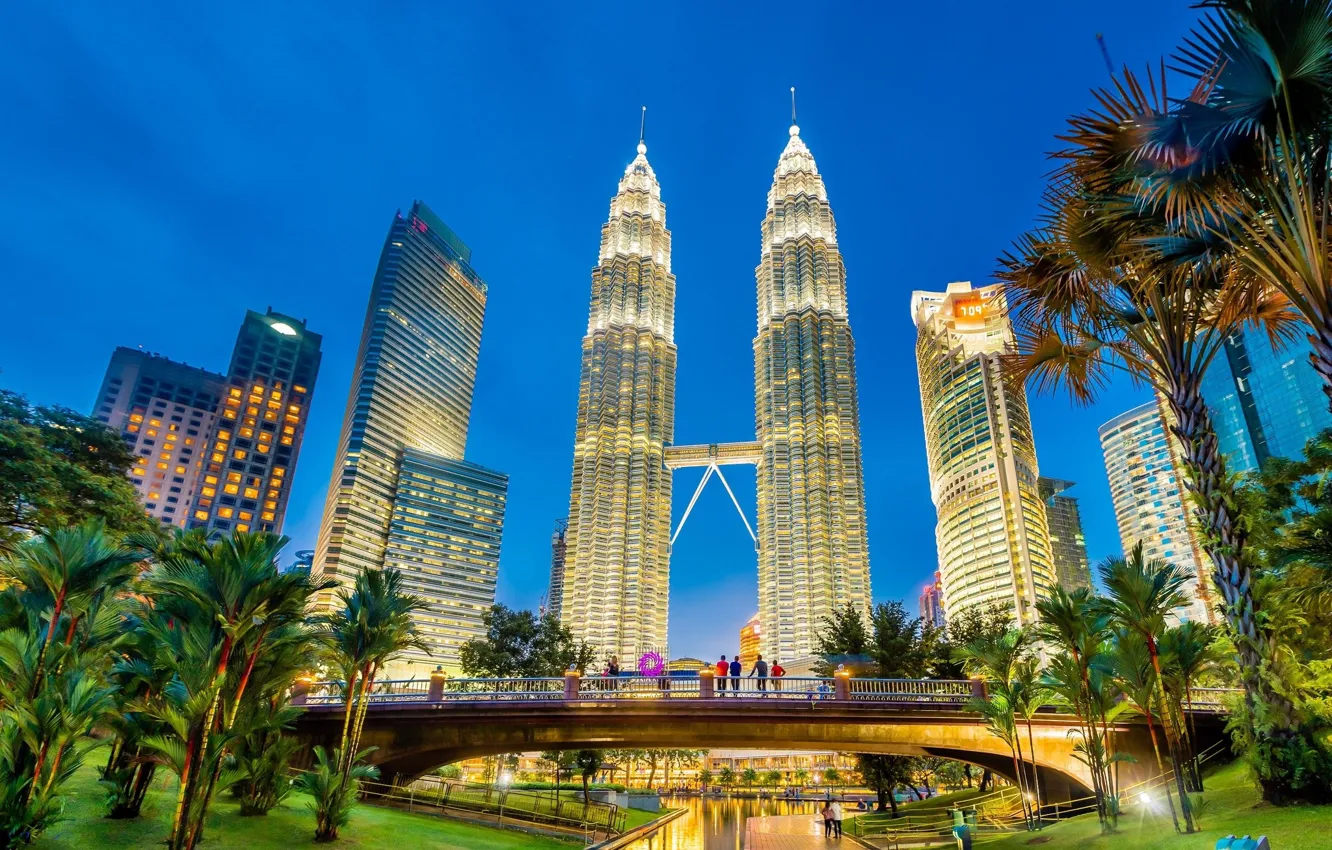 Photo wallpaper bridge, palm trees, people, tower, morning, Malaysia, Kuala Lumpur