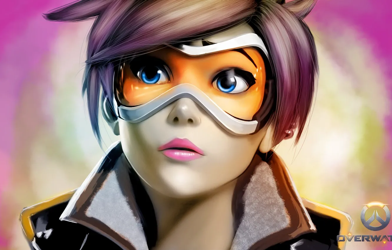 Photo wallpaper girl, face, glasses, blizzard, art, tracer, overwatch, wool oxton