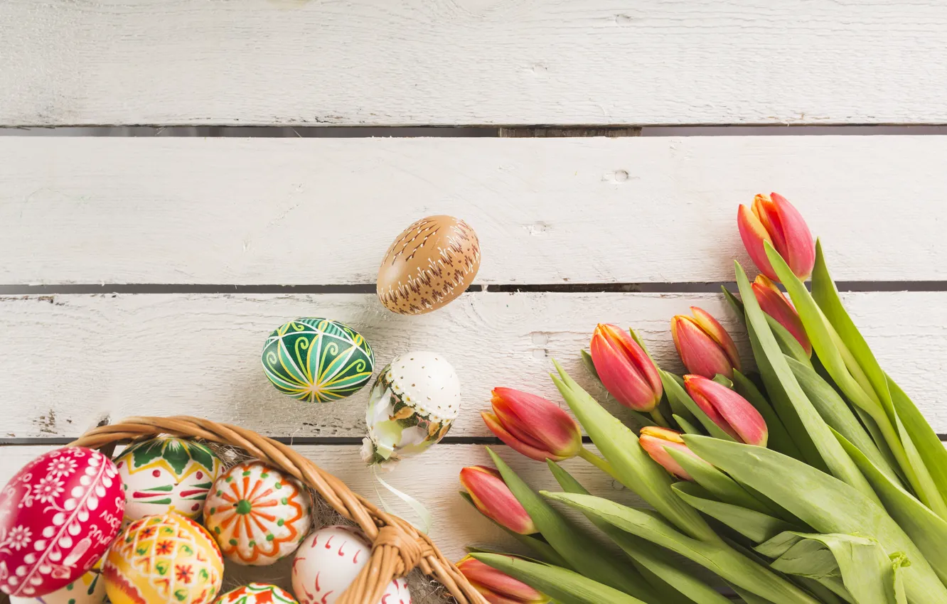 Photo wallpaper basket, eggs, spring, Easter, tulips, Holiday