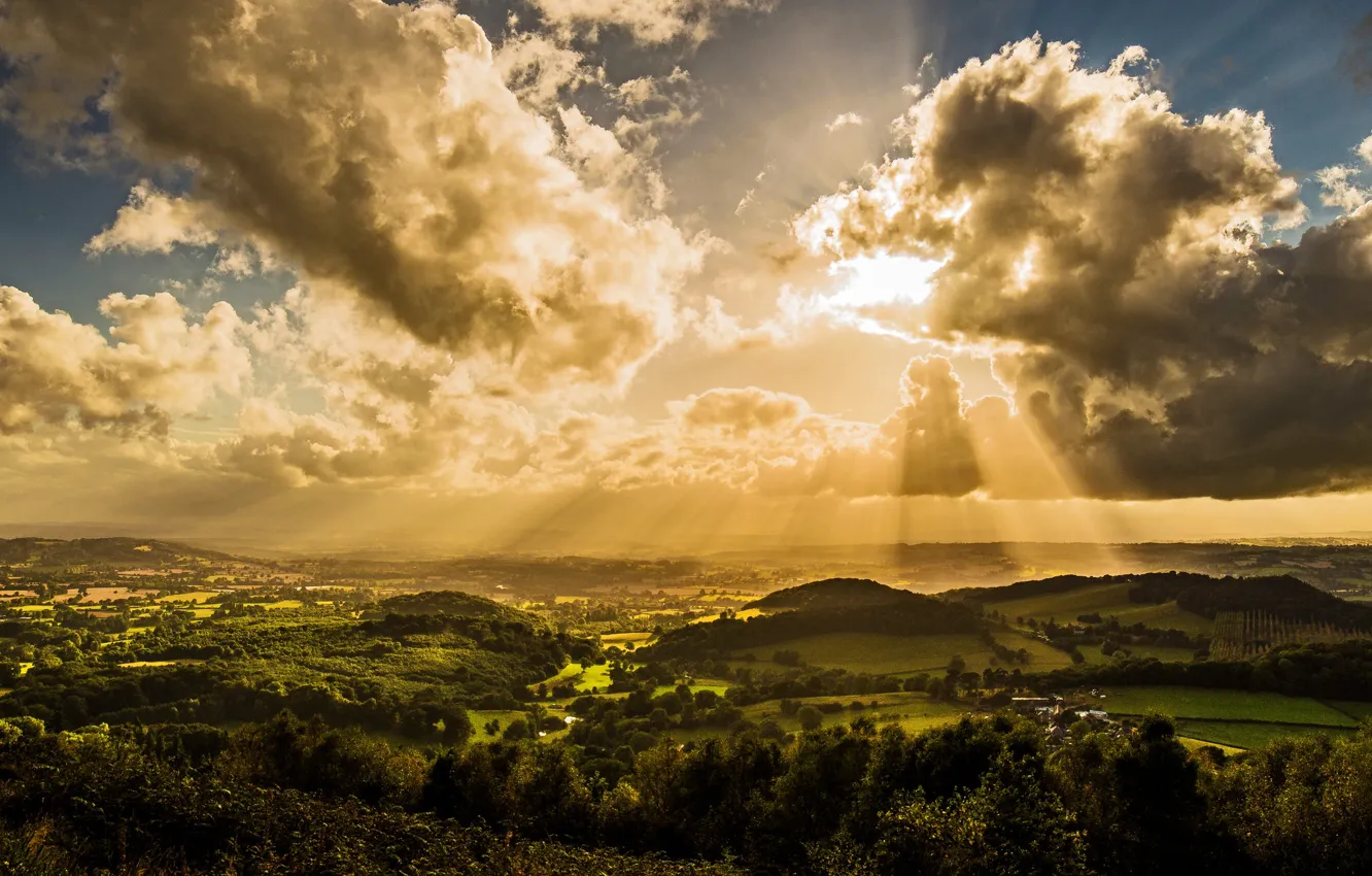 Photo wallpaper the sky, clouds, rays, sunset, nature