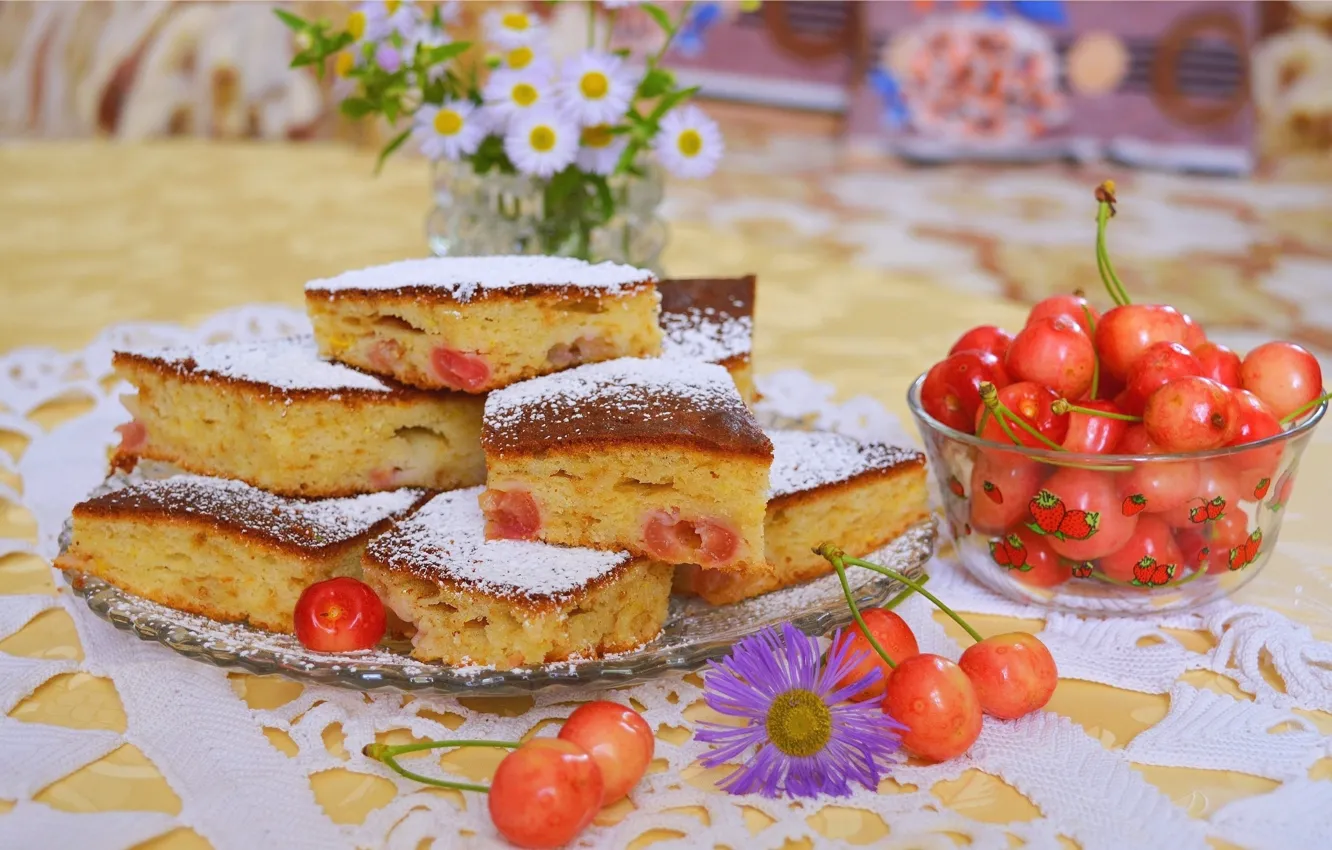 Photo wallpaper food, pie, sweets, flowers, cherry