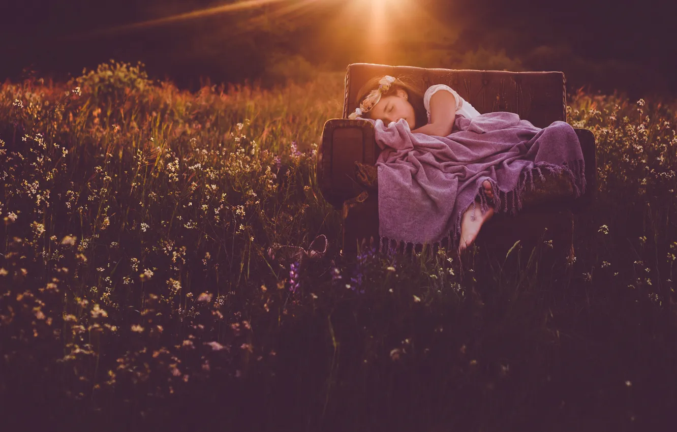 Photo wallpaper flowers, stay, sleep, chair, meadow, girl, plaid, wreath