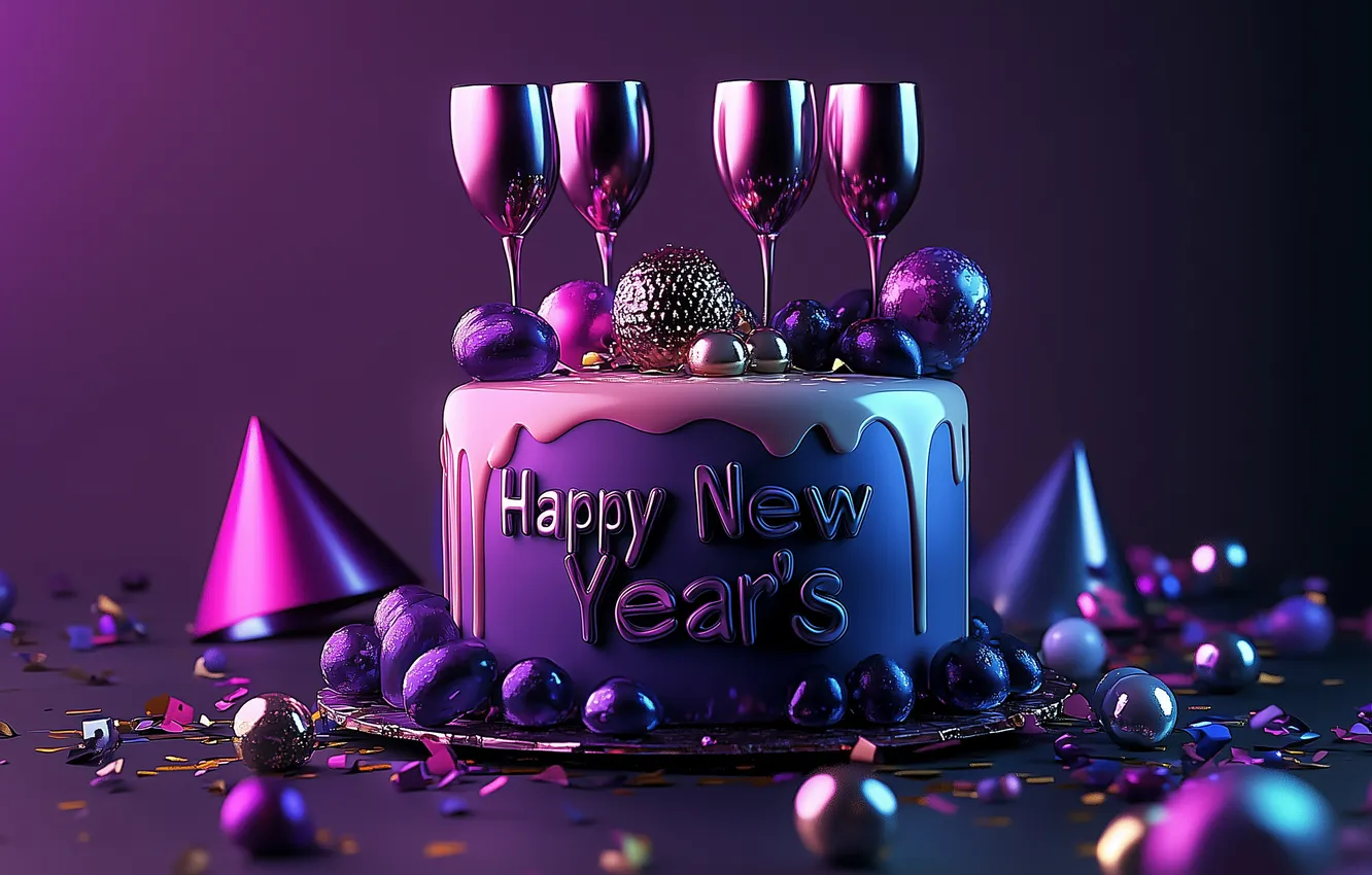 Photo wallpaper glasses, sweets, cake, New year, Happy New Year, digital art, digital art, 2025