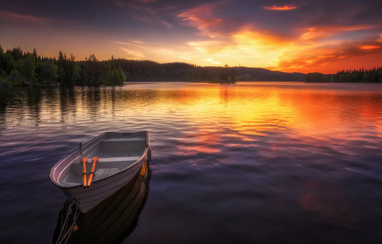 Photo wallpaper sunset, lake, boat