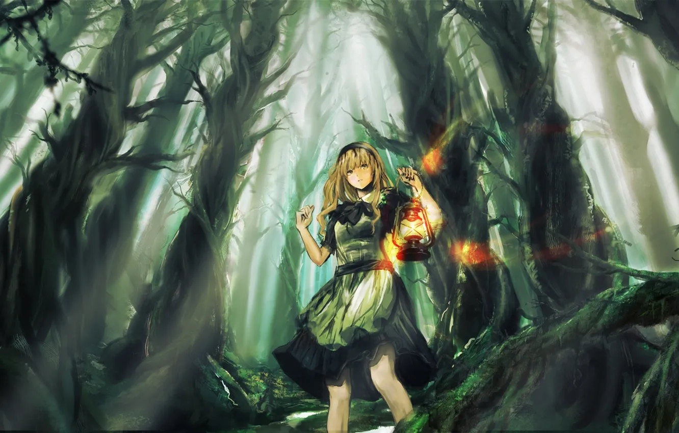 Photo wallpaper forest, girl, trees, night, fear, apron, lamp. alertness