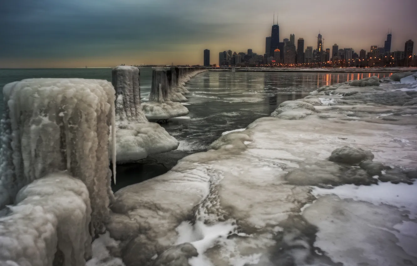 Photo wallpaper ice, winter, the city, Chicago, USA, Chicago, illinois, Illinois