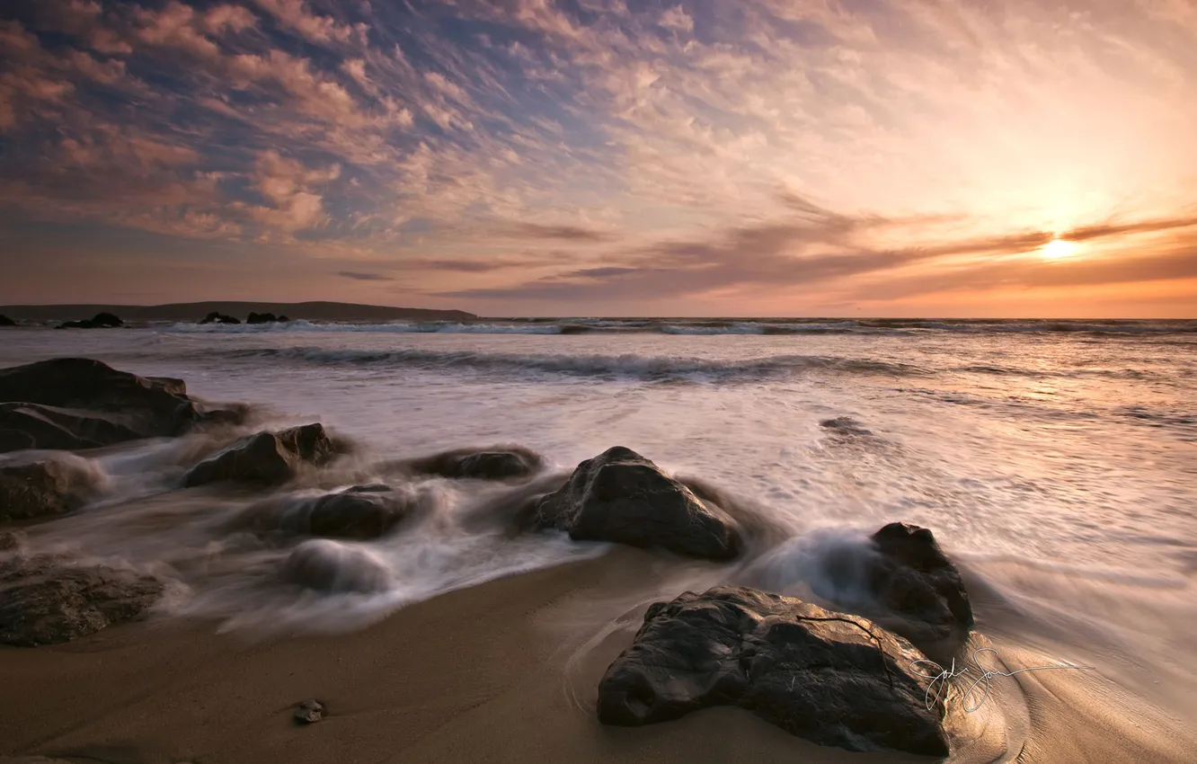 Photo wallpaper sand, sea, water, sunset, nature, stones, shore