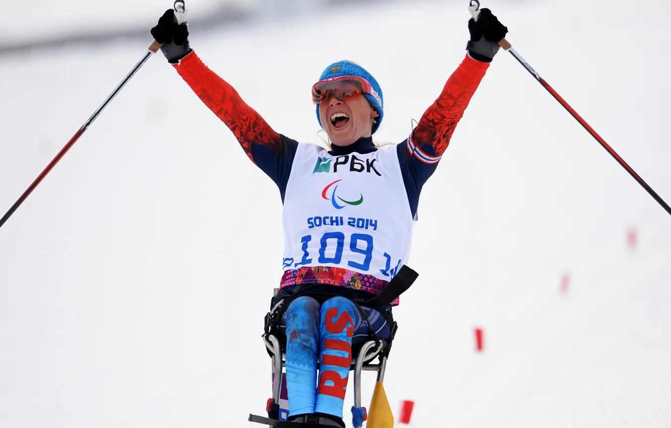 Photo wallpaper joy, victory, biathlon, Sochi 2014, Sochi 2014, Paralympic games, Paralympic games, she
