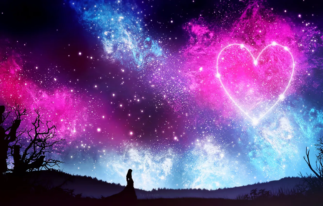 Photo wallpaper the sky, girl, stars, night, nature, heart, silhouette, by kvacm