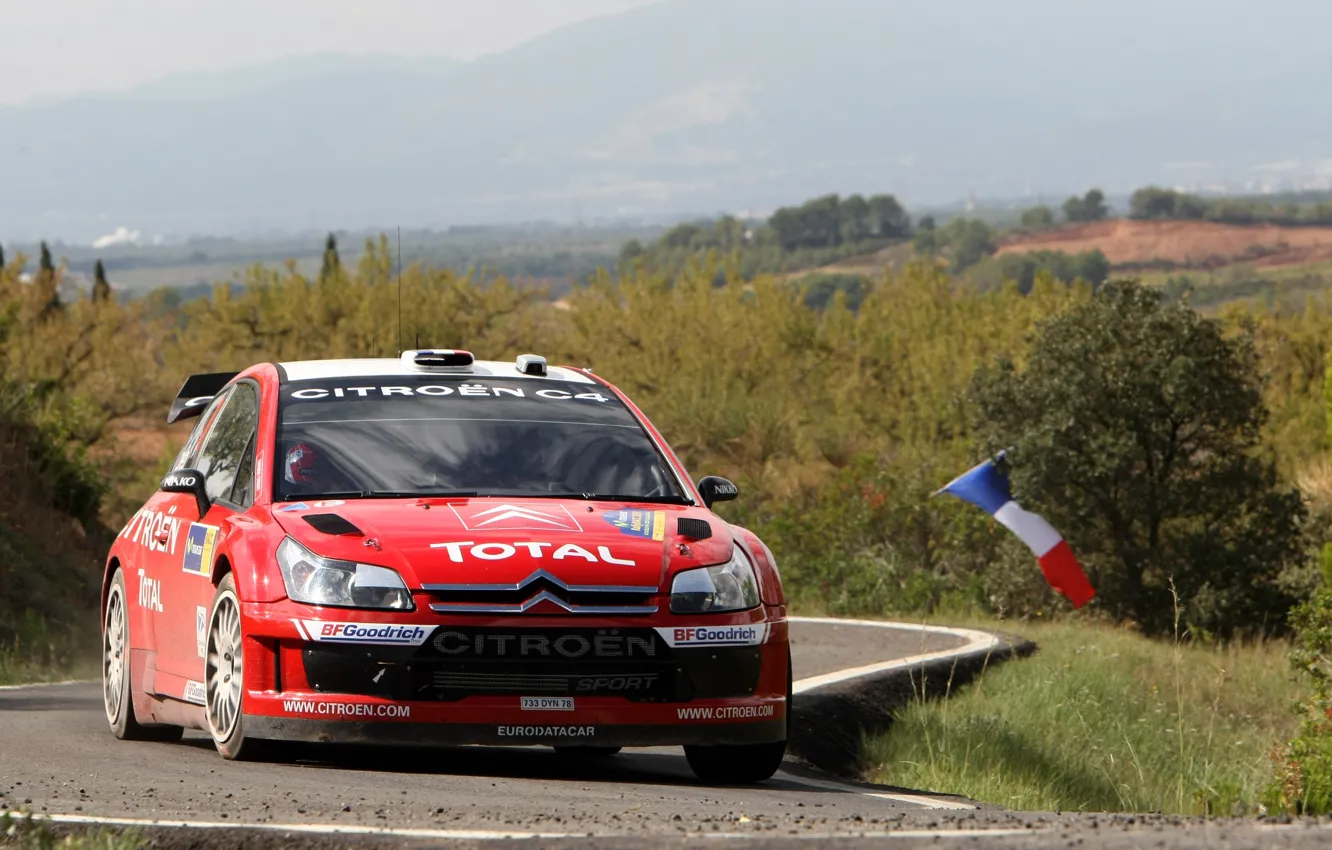 Photo wallpaper red, race, sport, Citroen, WRC, the front, Rally, Sebastien Loeb