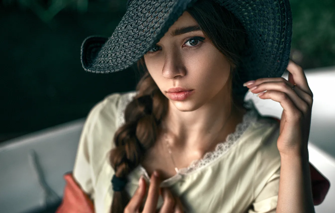 Photo wallpaper girl, face, sweetheart, model, portrait, hat, dress, light