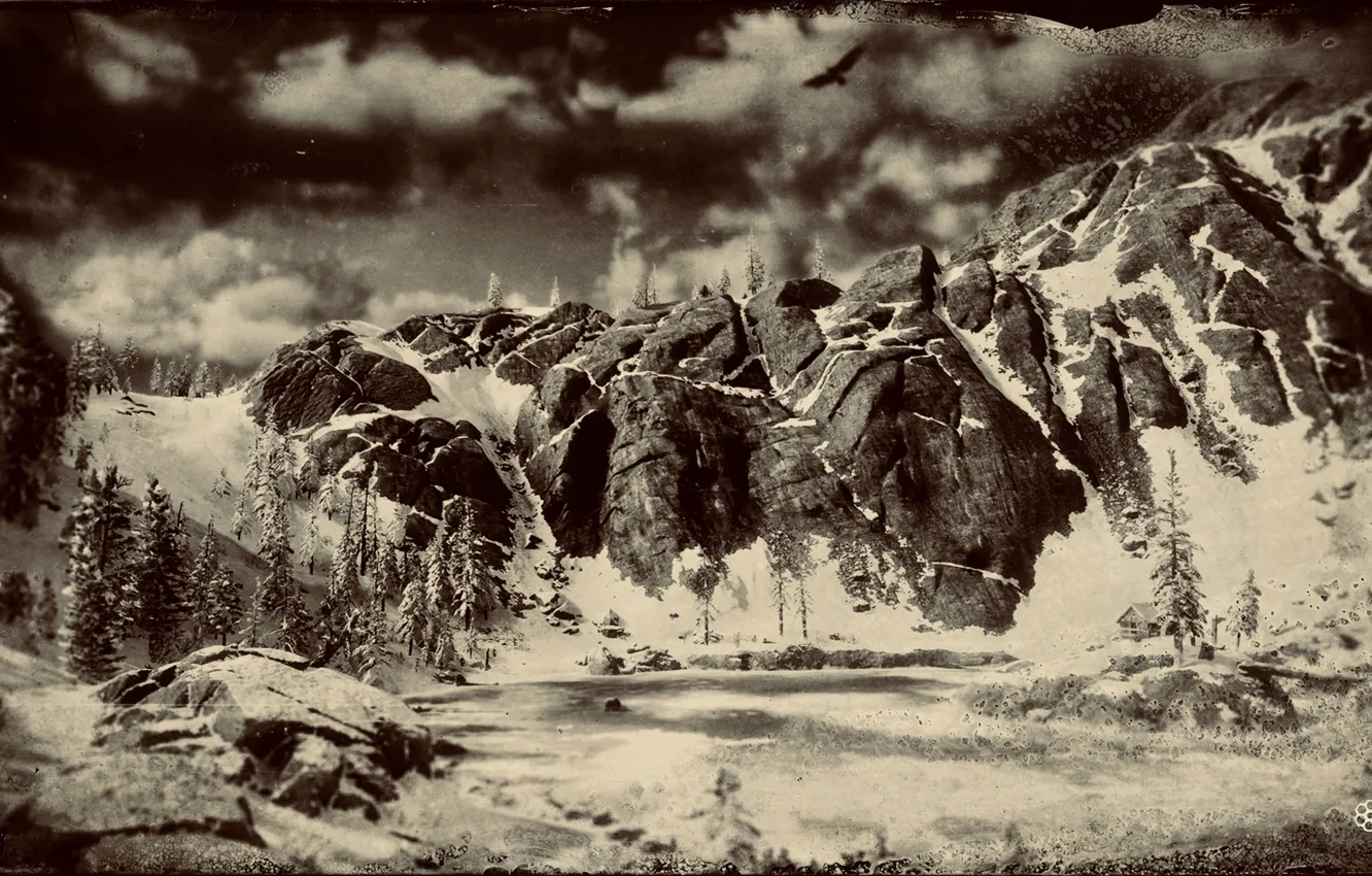 Photo wallpaper HDR, game, trees, sea, bird, mountain, UHD, Red Dead Redemption 2