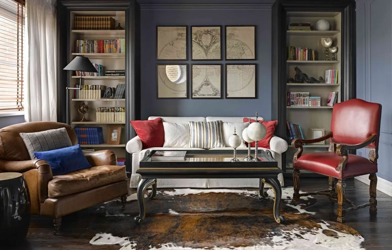 Photo wallpaper design, style, interior, chairs, library, sofa, living room