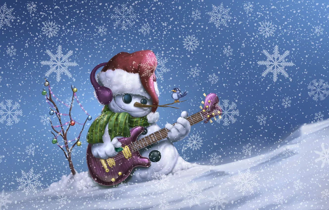 Photo wallpaper Winter, Guitar, Bird, Snow, Christmas, Snowflakes, Background, New year