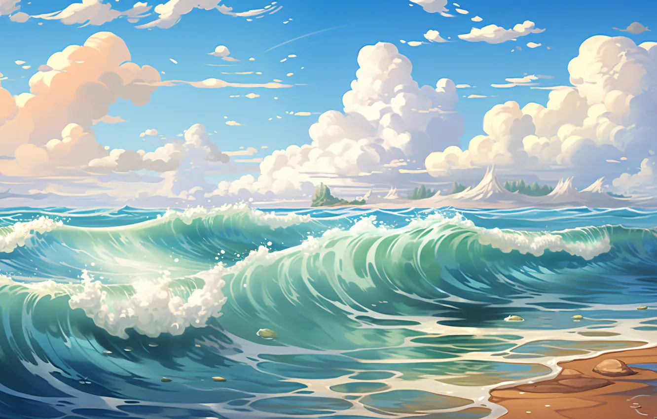 Photo wallpaper Water, Clouds, Sea, Wave, Digital art, AI art, The Art of Artificial Intelligence, Neural network