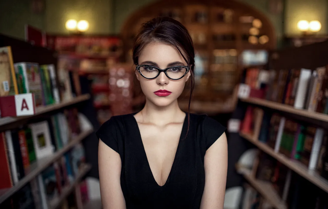 Photo wallpaper Look, Glasses, Lips, Face, Hair, Library