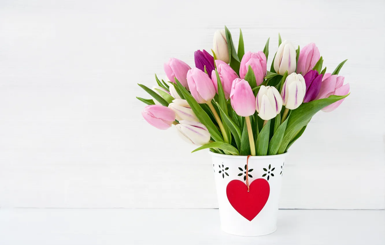 Photo wallpaper pink, holiday, bouquet, tulips, Valentine's day, pots