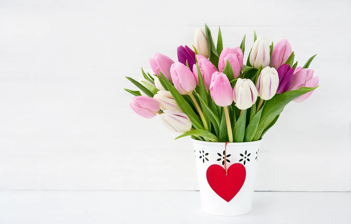 Photo wallpaper holiday, bouquet, tulips, pink, Valentine's day, pots
