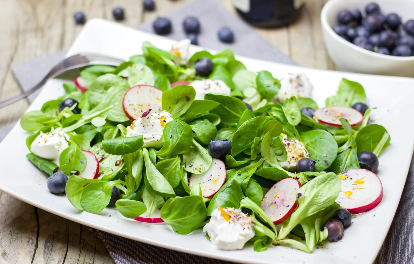 Photo wallpaper vegetables, salad, blueberries, radishes