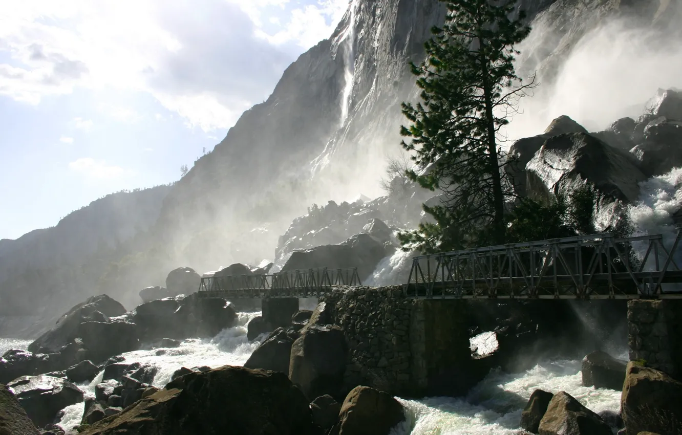 Photo wallpaper bridge, waterfall, Rocks, thresholds