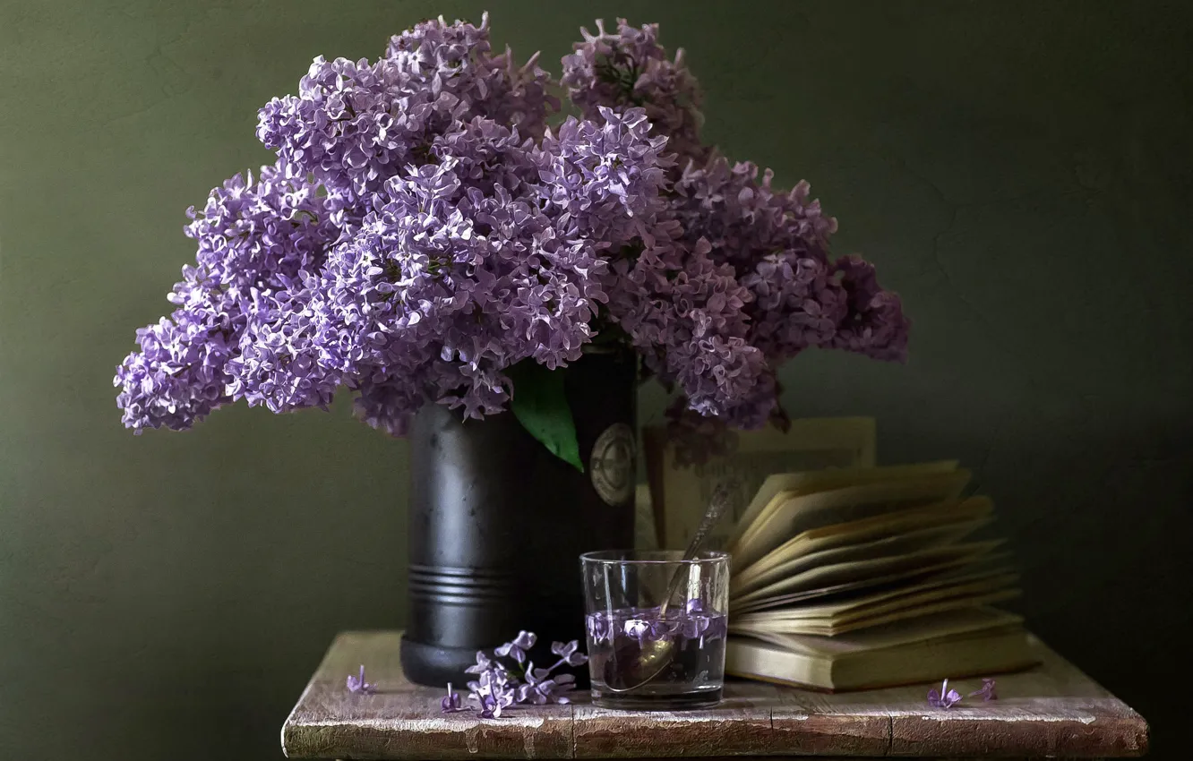 Photo wallpaper flowers, glass, bouquet, petals, spoon, book, vase, page