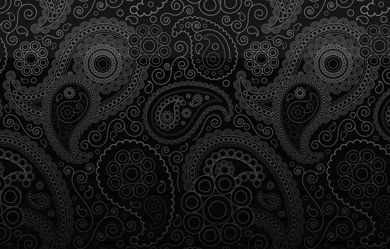 Photo wallpaper curls, black background, ornament, cucumbers, pasloski, Paisley