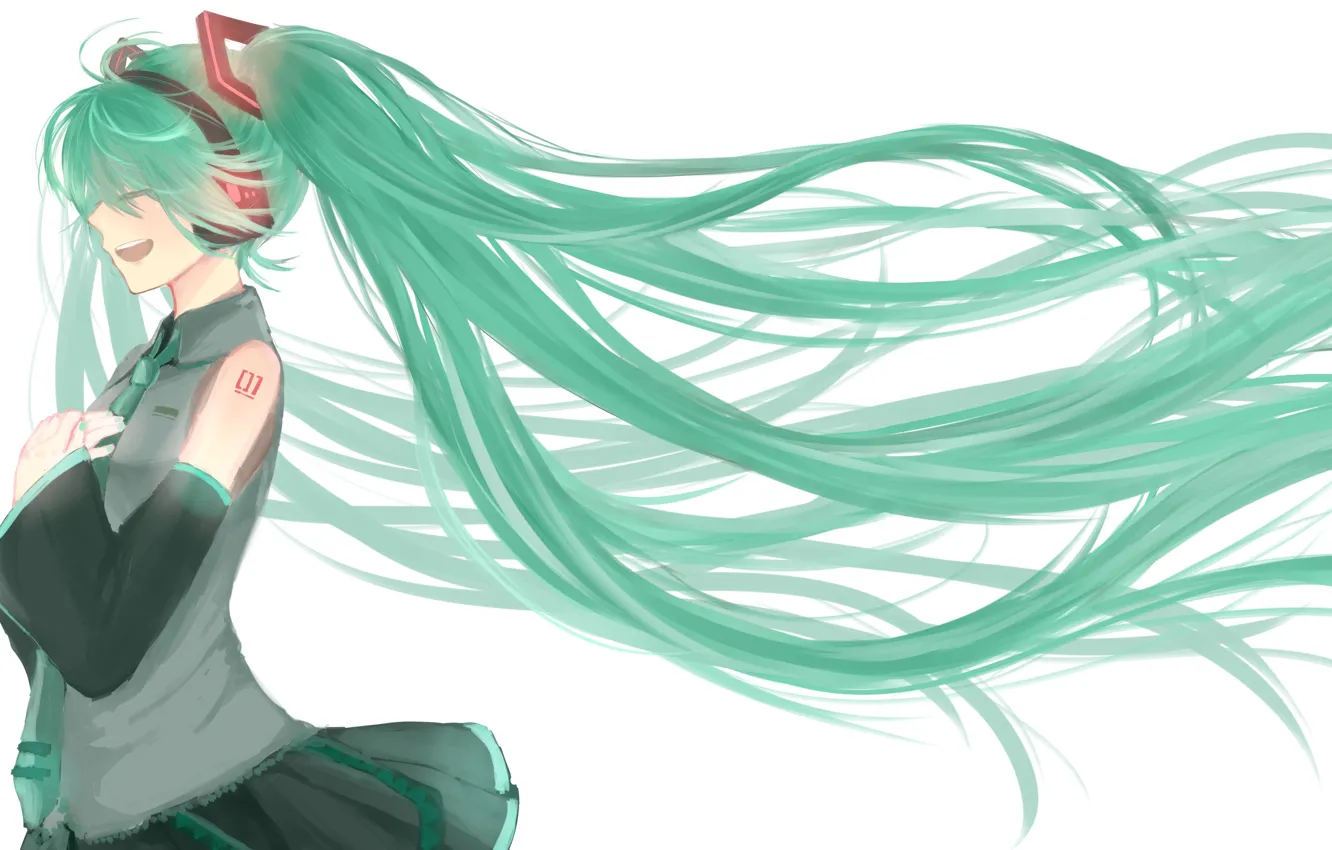 Photo wallpaper girl, smile, white background, profile, vocaloid, hatsune miku, long hair, closed eyes