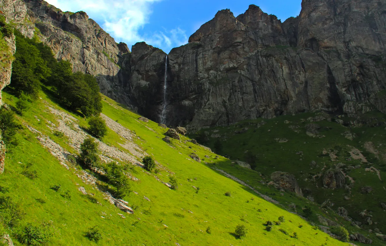 Photo wallpaper the sky, grass, trees, landscape, mountains, nature, rocks, waterfall