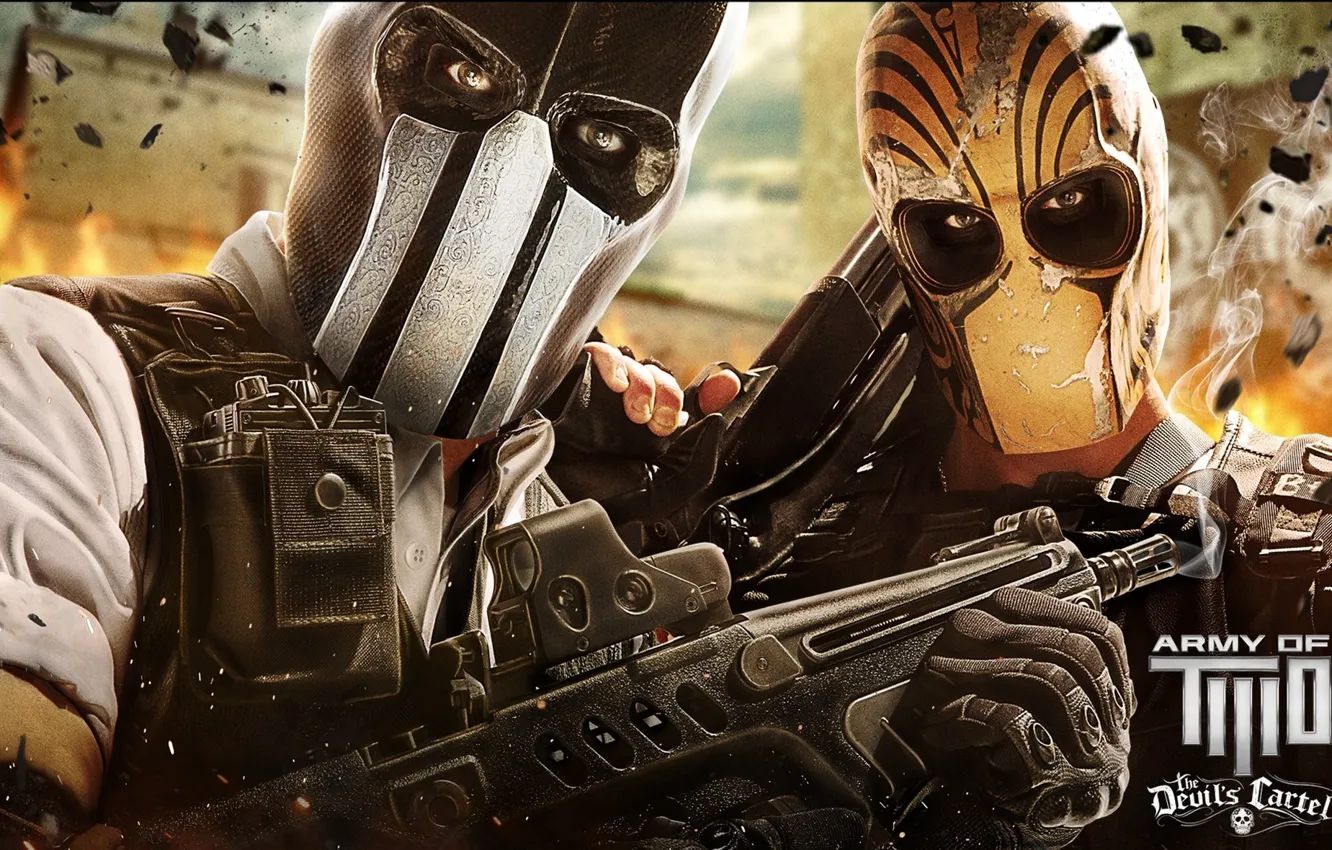 Photo wallpaper wallpaper, fire, sake, flame, game, army of two, soldiers, weapon