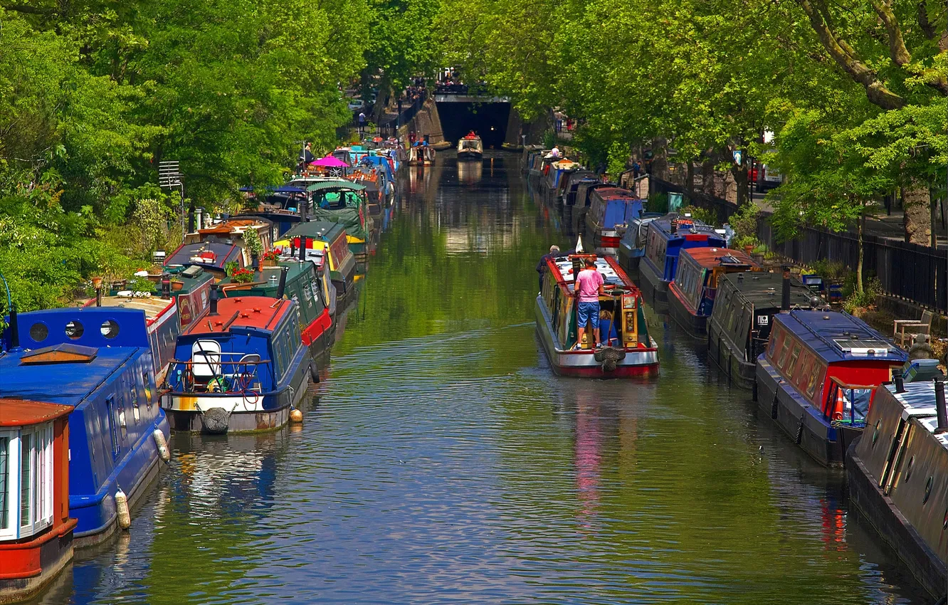 Photo wallpaper trees, landscape, boat, England, London, channel, Little Venice