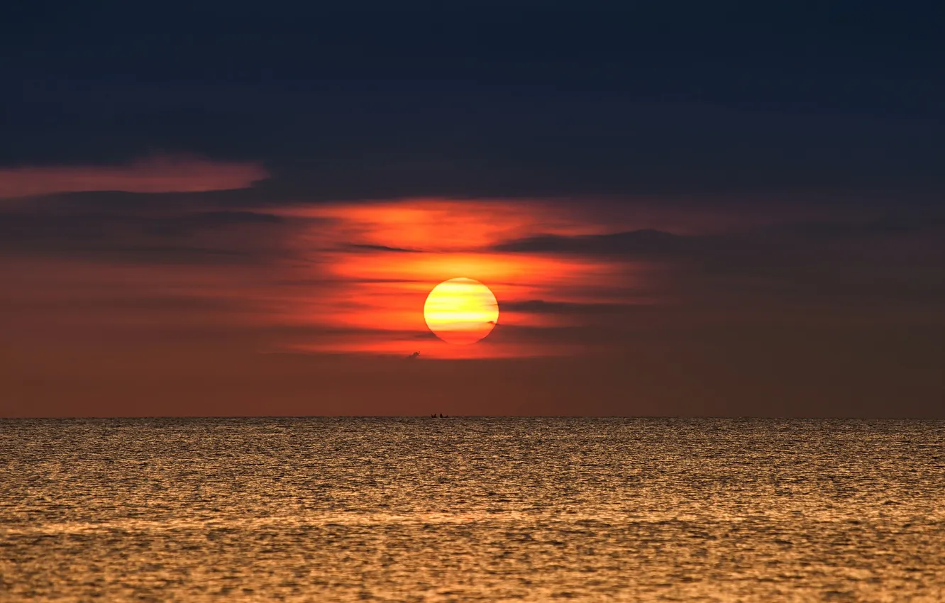 Photo wallpaper sea, clouds, light, sunset, darkness, horizon, orange sky
