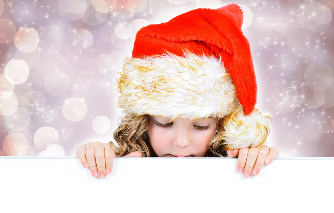 Photo wallpaper holiday, new year, sparks, girl, white background, cap, bokeh