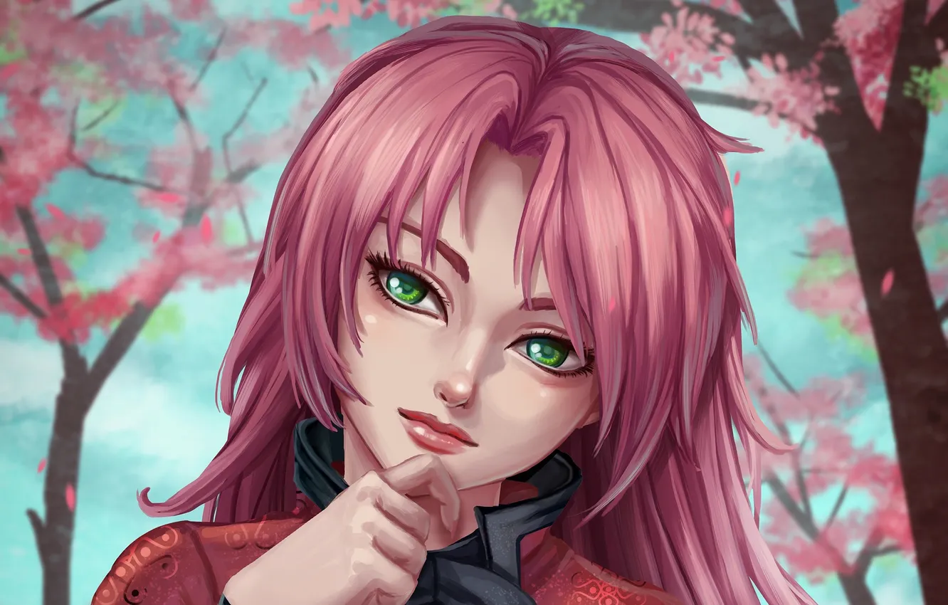 Photo wallpaper girl, face, pink, hair, anime, sakura, cherry blossom