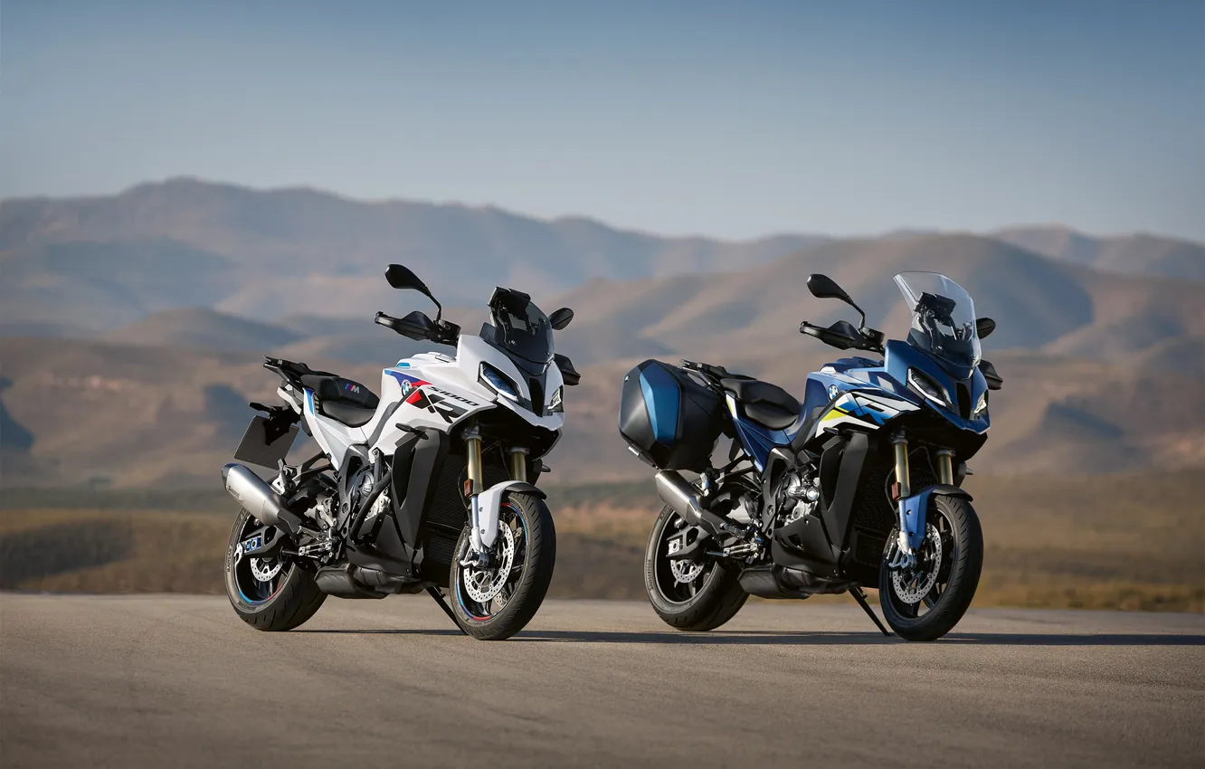 Photo wallpaper mountains, two, BMW, motorcycle