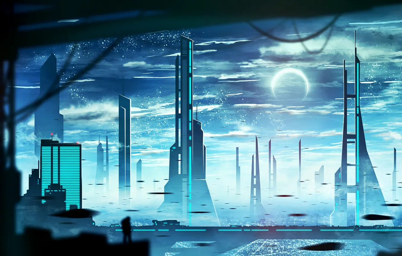 Photo wallpaper the city, the moon, people, silhouette, by kvacm