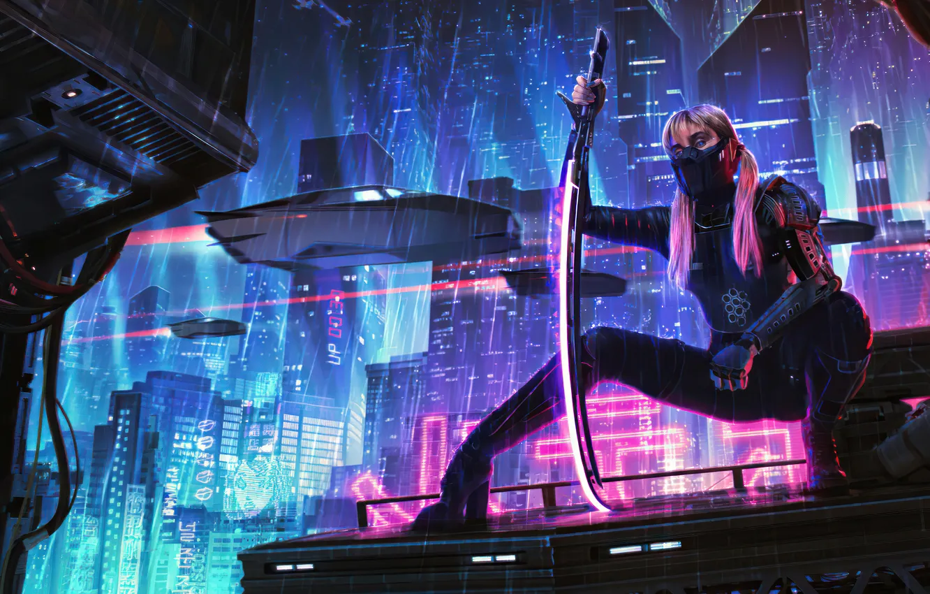 Photo wallpaper sword, artwork, Cyberpunk, AI Art