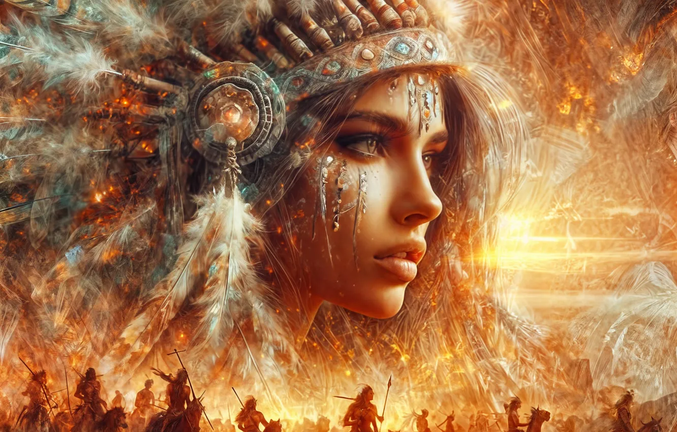 Photo wallpaper field, girl, the sun, face, horse, horse, feathers, fantasy