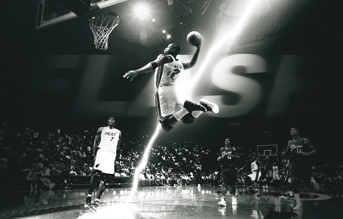 Photo wallpaper flight, the game, Basketball, black and white, floor, Miami Heat, Hang, Player