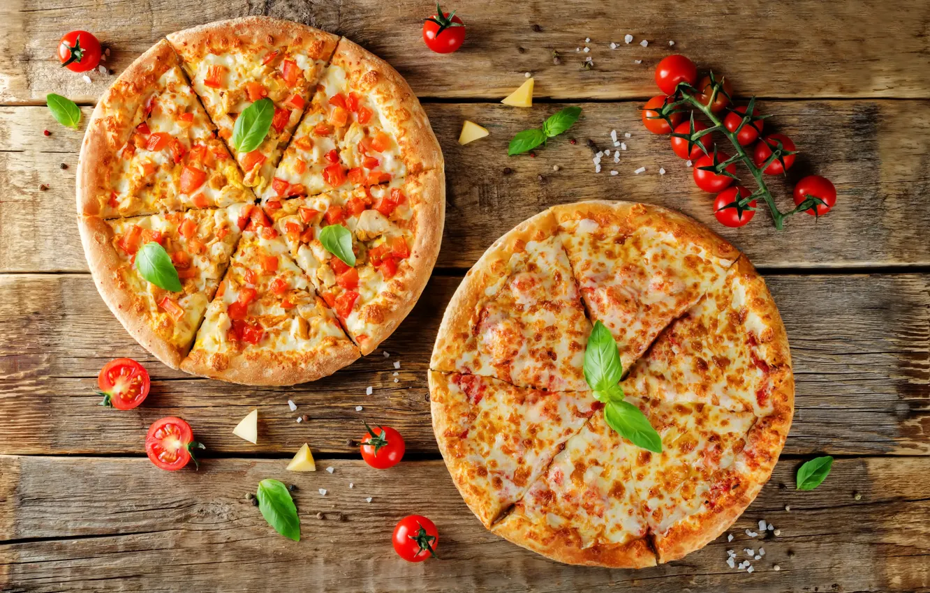 Photo wallpaper food, cheese, tomatoes, wood, Parmesan, Basil, pizza