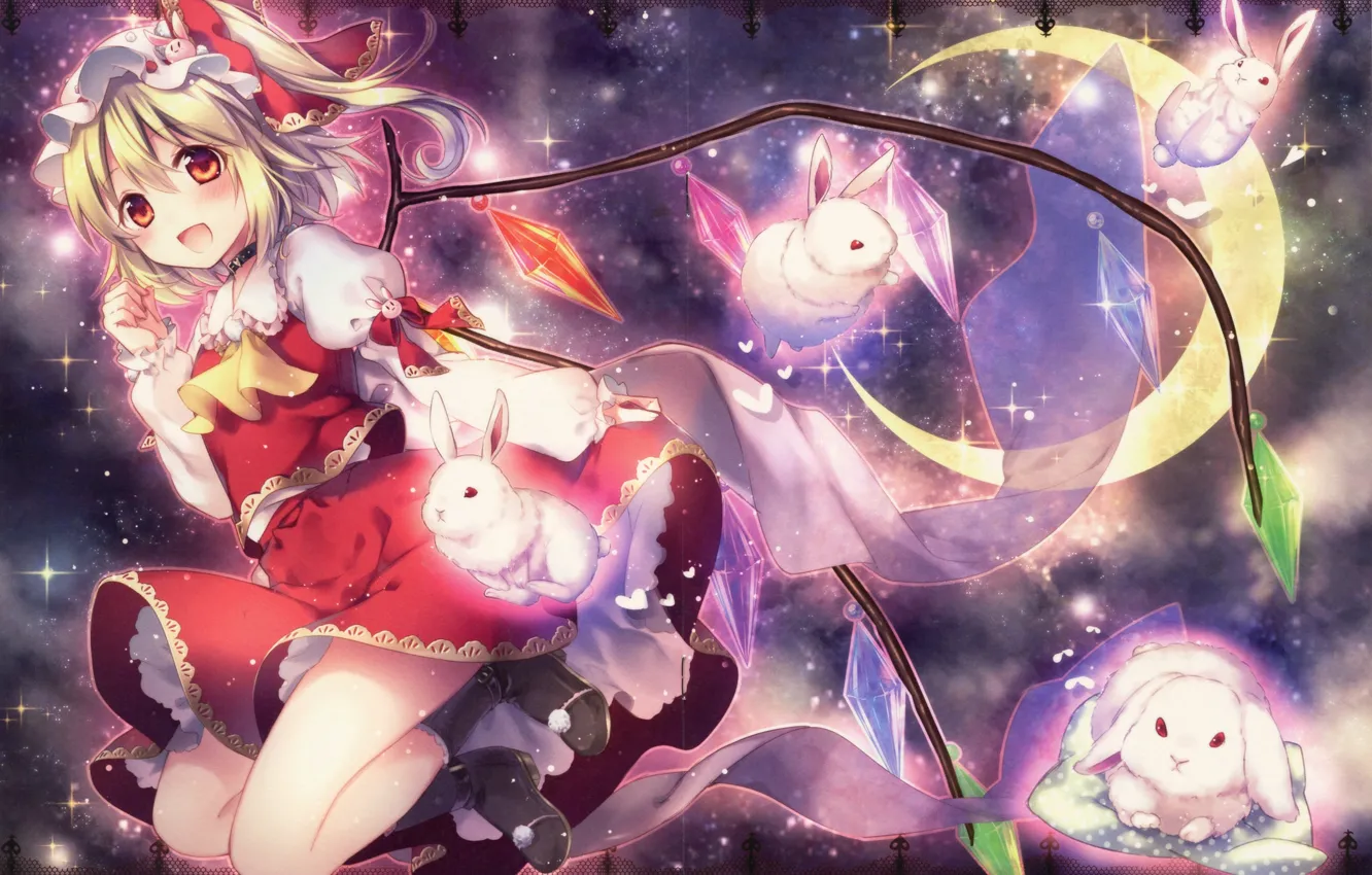 Photo wallpaper lights, wings, a month, crystals, bow, Touhou Project, Flandre Scarlet, Project East