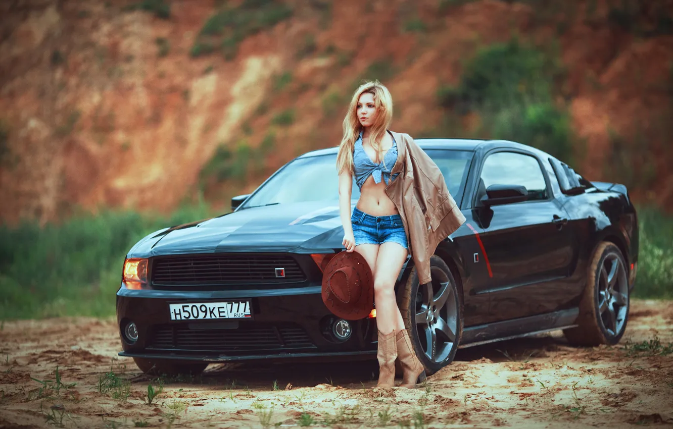 Photo wallpaper car, girl, shorts, model, Denim, cute, boots, tank top