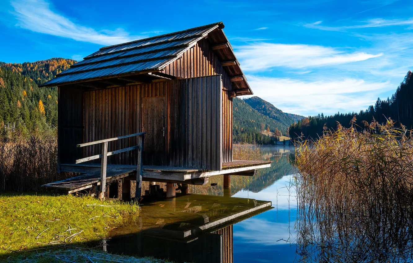 Photo wallpaper mountains, lake, home, Austria, Alps, wooden, Carinthia