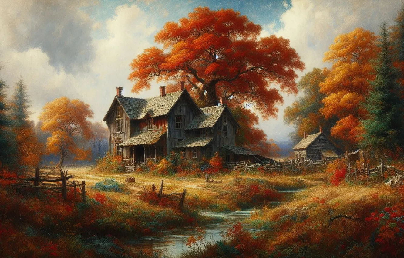 Photo wallpaper autumn, trees, home, village, house, hut, AI art, a cozy little world