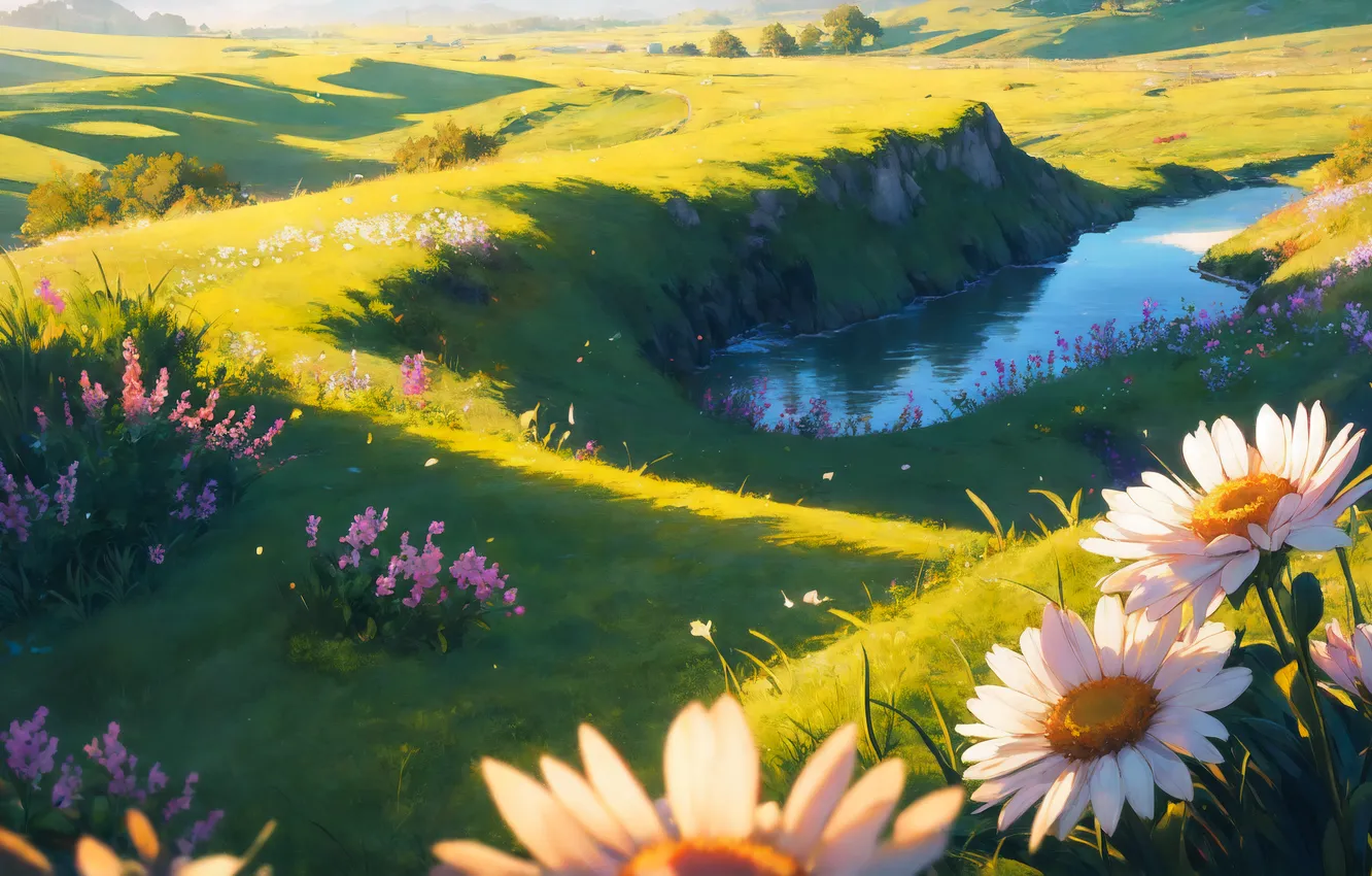 Photo wallpaper lake, shore, chamomile, AI art, neural network