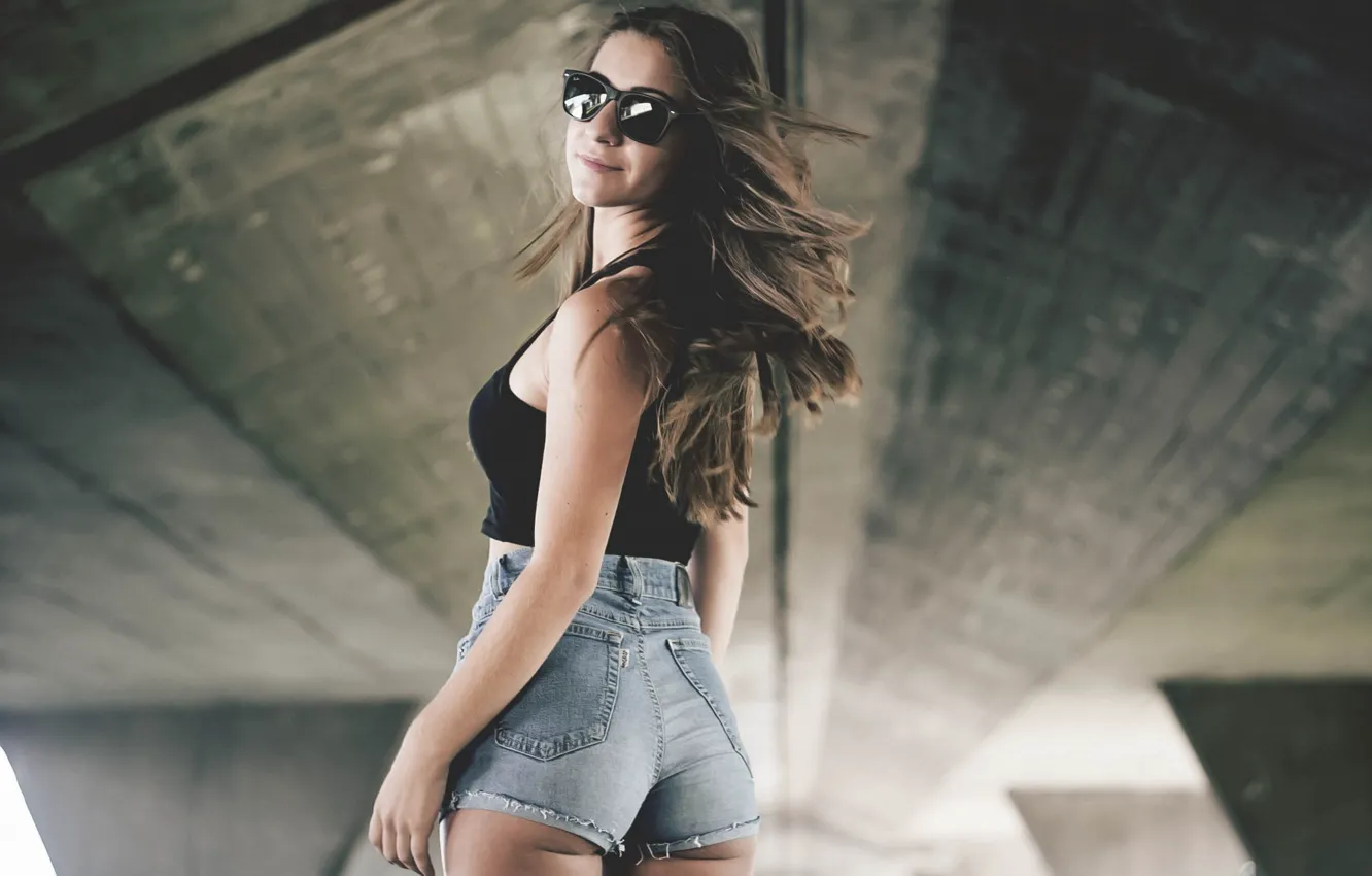 Photo wallpaper girl, shorts, beautiful, look, glasses, back, Kasia
