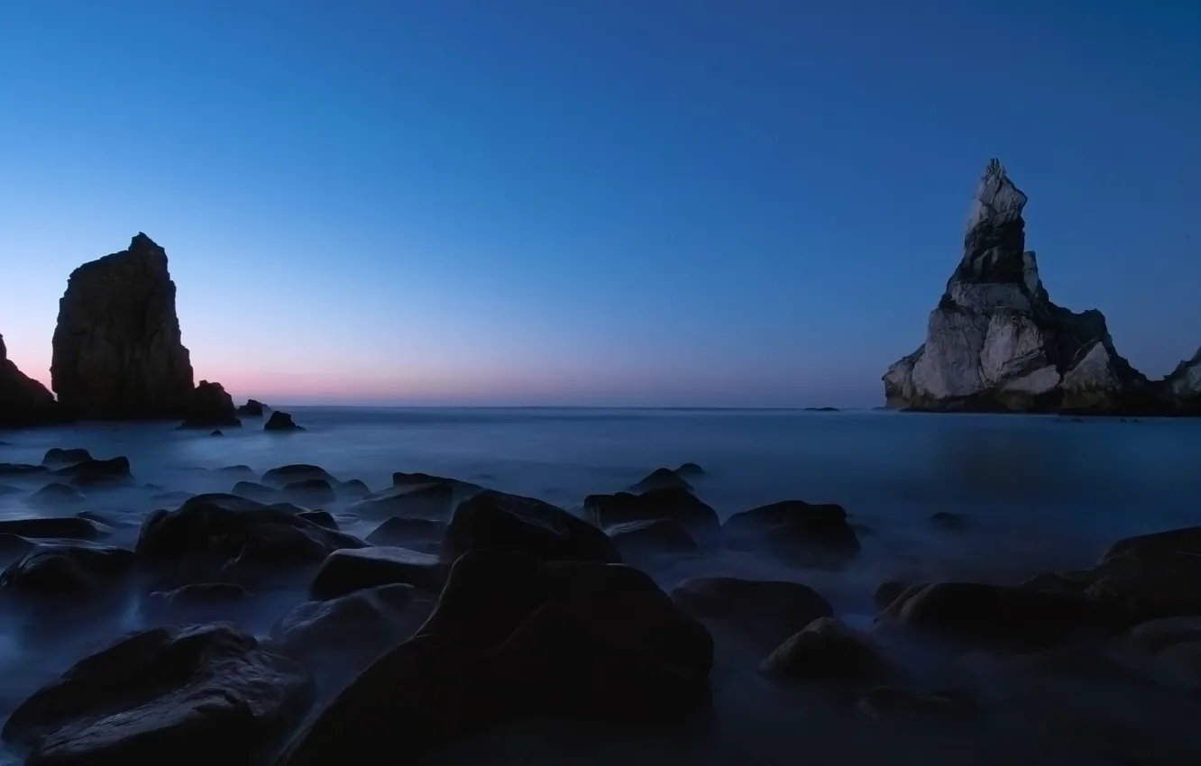 Photo wallpaper sea, rocks, twilight