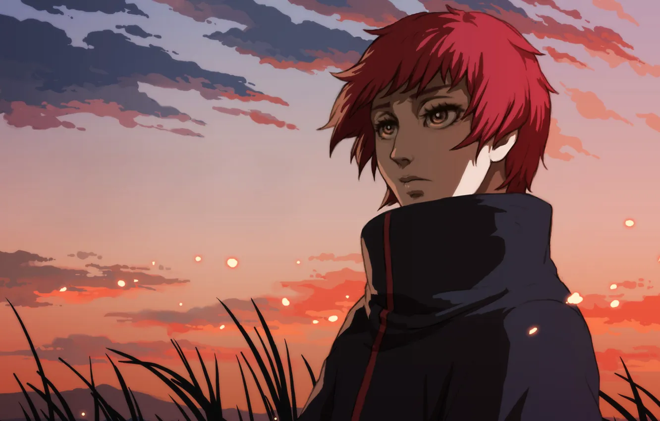 Photo wallpaper grass, sunset, the evening, naruto, Naruto, sasori, Sasori