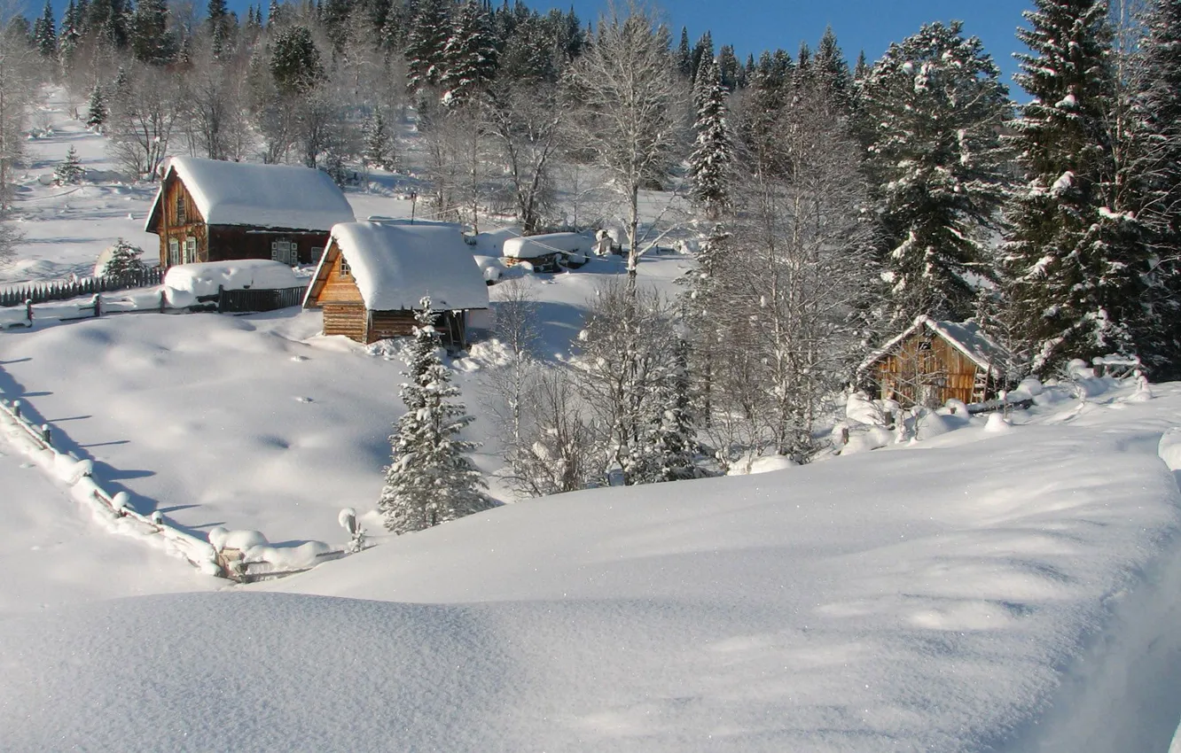 Photo wallpaper winter, the sky, snow, trees, house, slope
